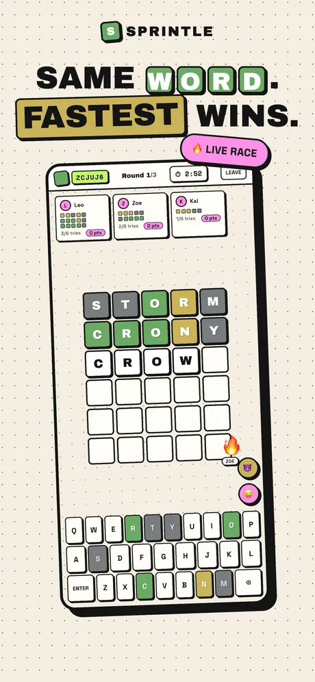 A live Sprintle race: your board plus rival progress in colors only